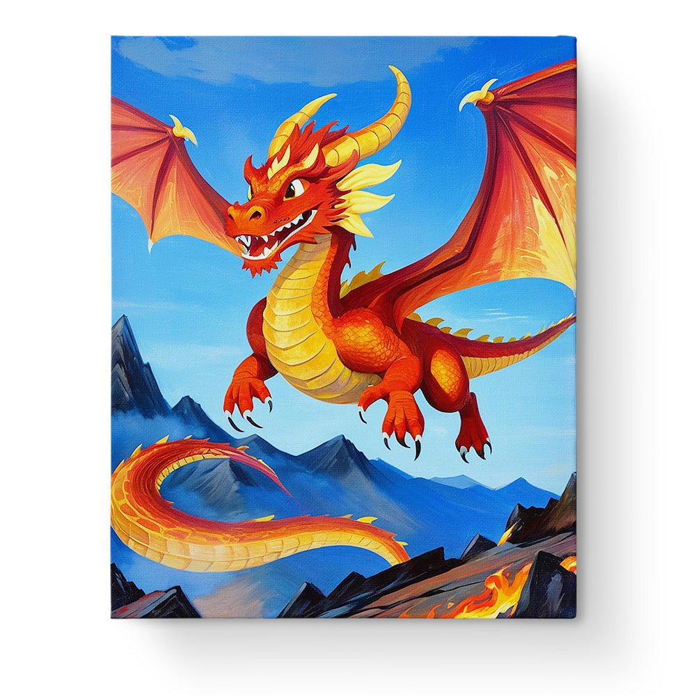 Fixed kit, 24 colors, 12x16in. Fiery dragon flying over mountains. Mindful and fun for kids.