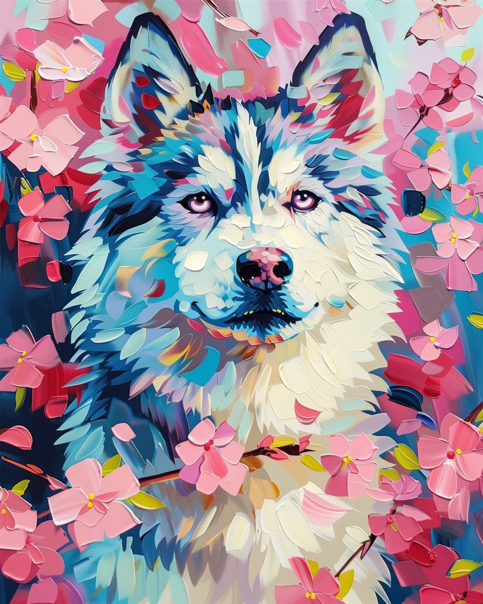 Fixed paint by numbers, 24 colors. Vibrant husky amidst flowers. Enjoy a soothing and stress-relieving experience.