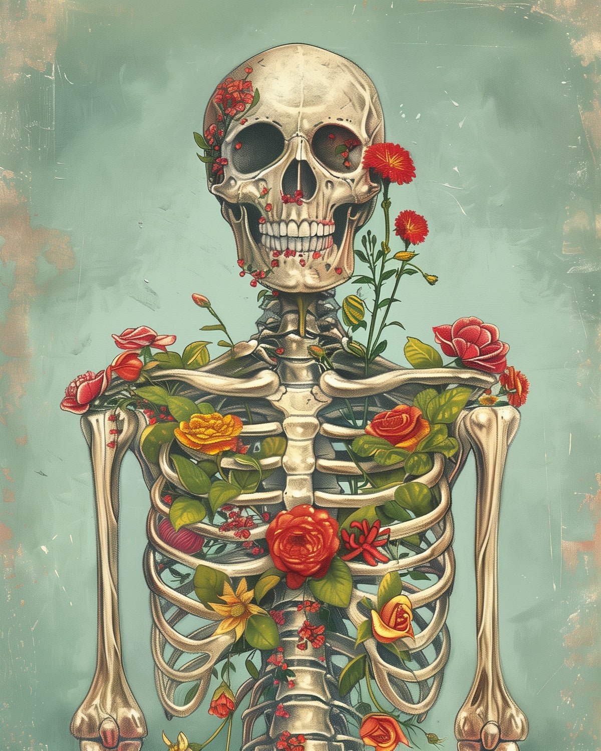 Fixed kit, 24 colors, 12x16in. Artistic skeleton and flowers design. Perfect for relaxation and mindfulness.