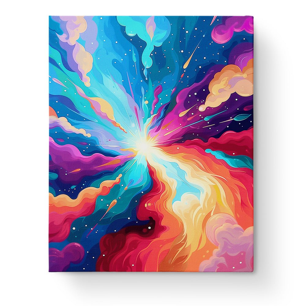 Fixed paint by numbers kit with 24 colors. Radiant galaxy scene for relaxing meditation.