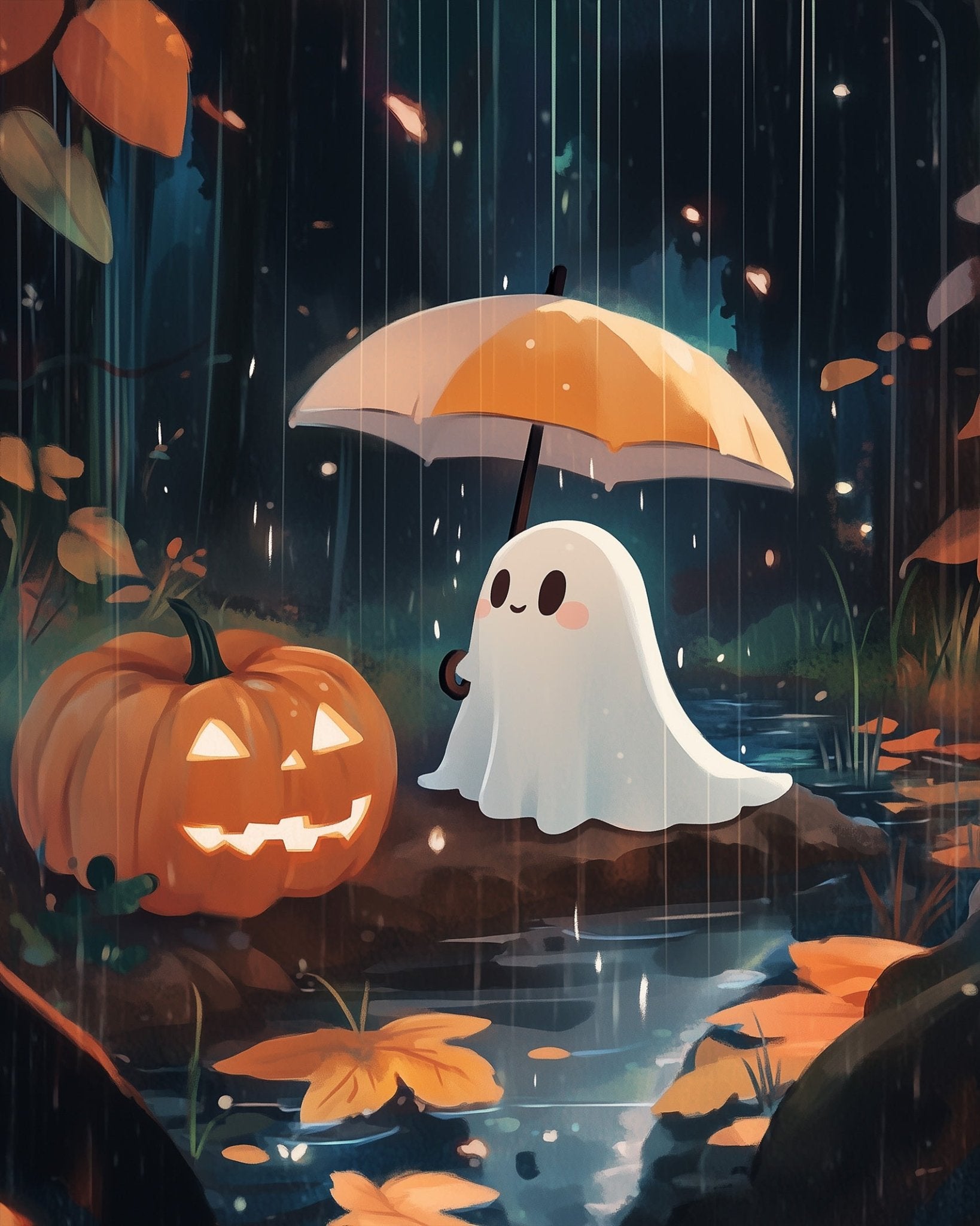 Ghost with Pumpkin in Rain - Halloween - BestPaintByNumbers - Paint by Numbers Custom Kit