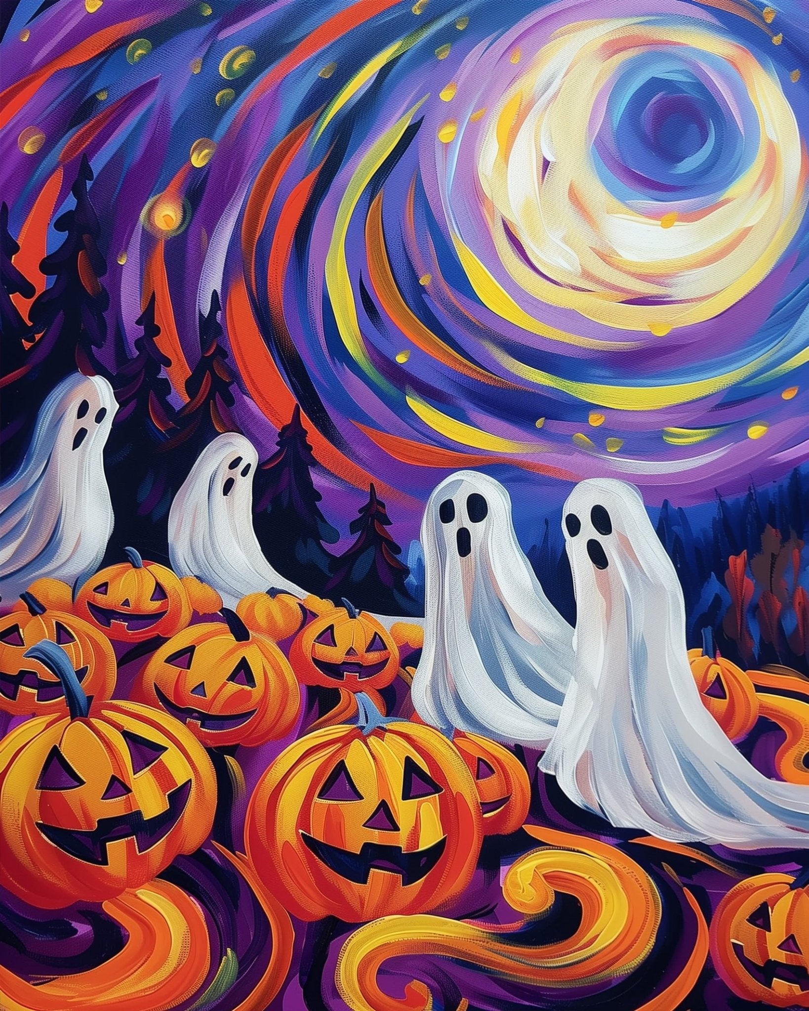 Ghost scene in vibrant colors, fixed kit, 24 colors, 12x16in. A mindful Halloween painting experience. Great for stress relief.