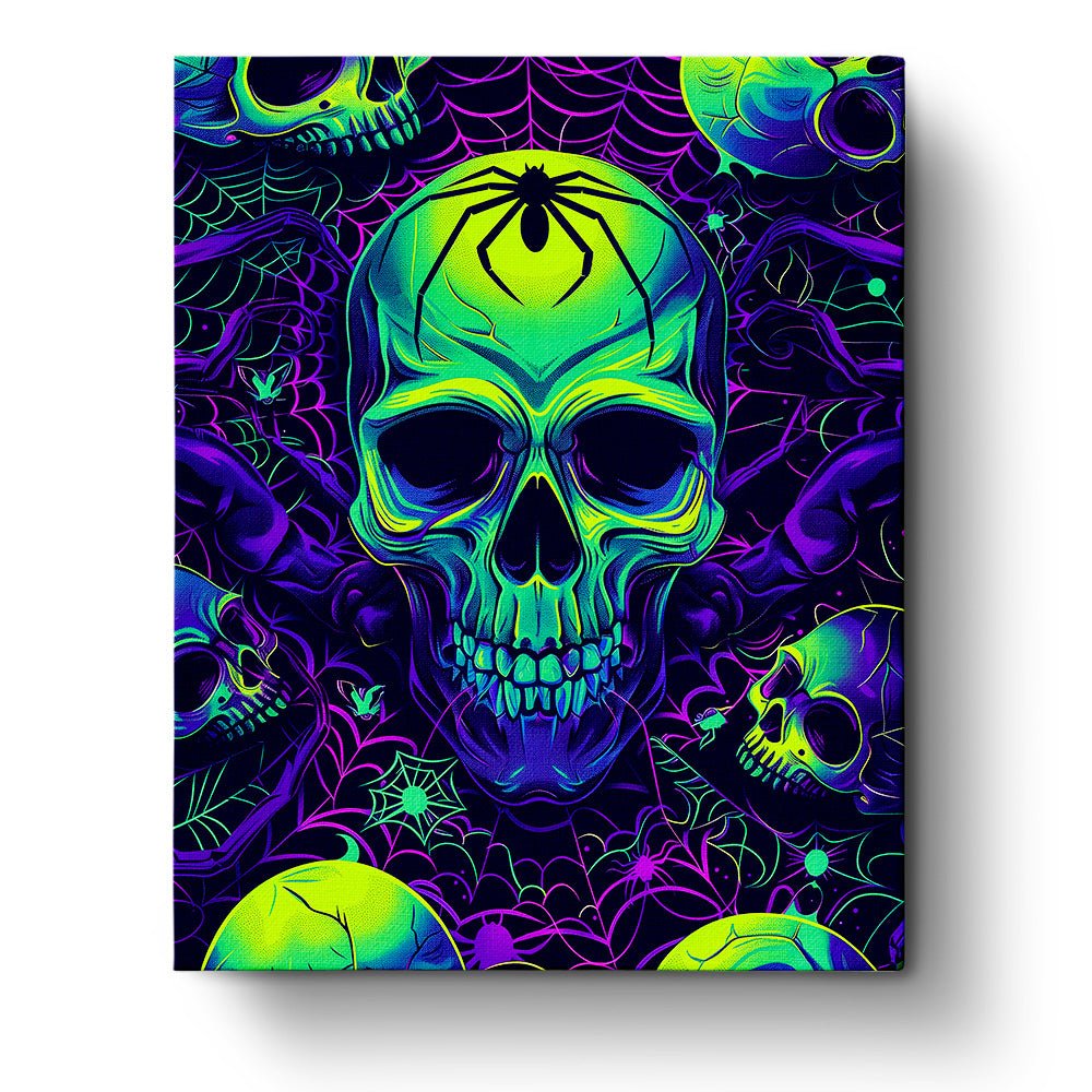 Fixed paint by numbers kit, 24 colors, 16x20in. Glowing skull with spider detail. Perfect for Halloween ambiance.