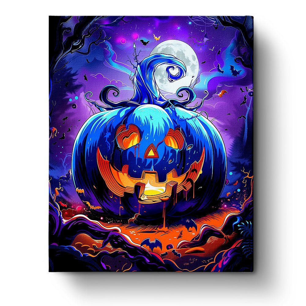 Fixed kit, 24 colors, 16x20in. Glowing jack-o'-lantern under moonlight. Ideal for Halloween relaxation.