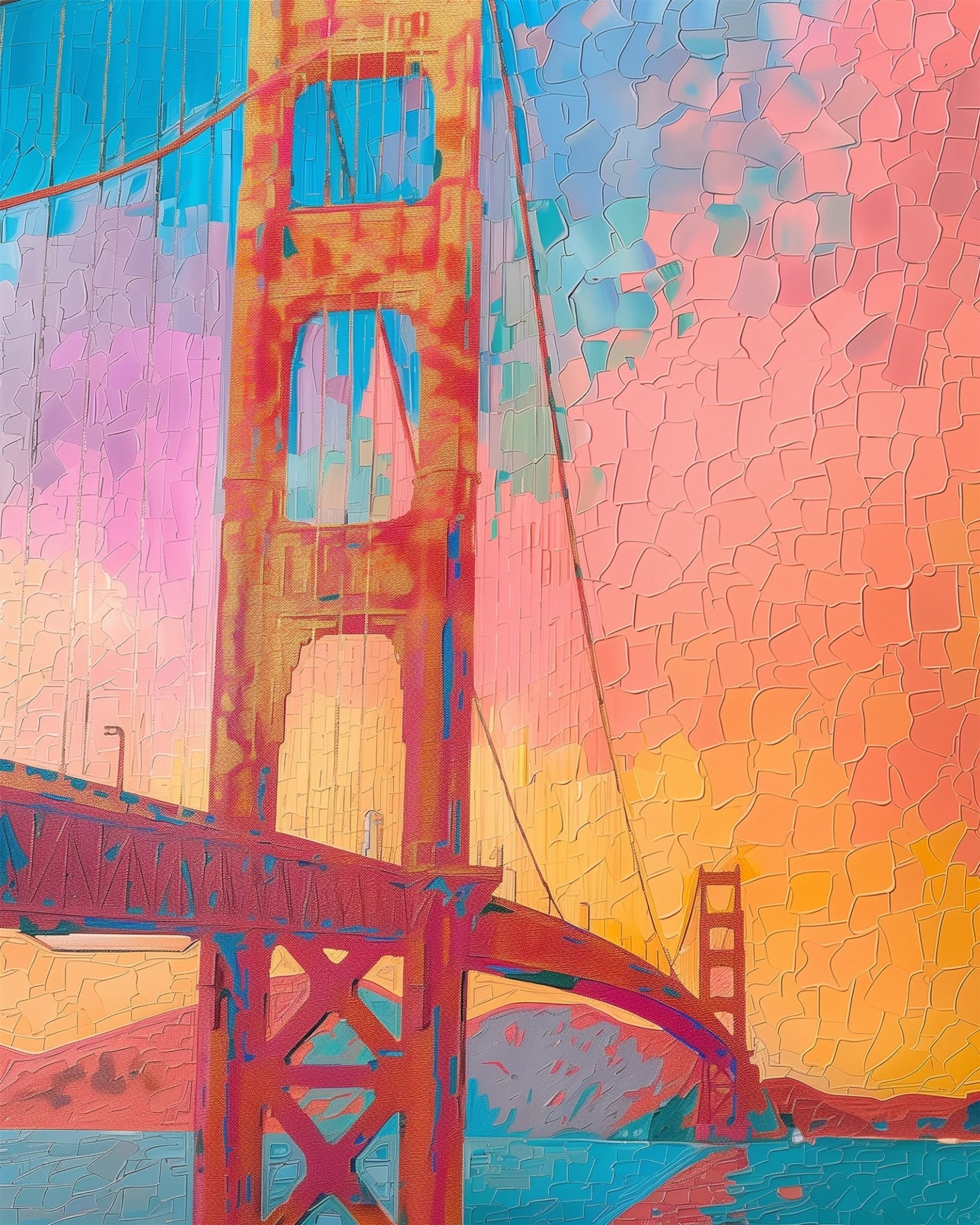 Fixed kit, 24 colors, 12x16in. Golden Gate Bridge in vibrant sunset hues. Perfect for relaxation and artistic mindfulness.