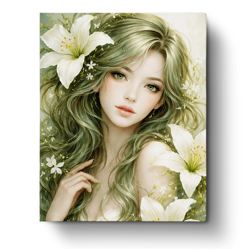 Green - Eyed Beauty with Lilies - Floral Women - BestPaintByNumbers - Paint by Numbers Custom Kit