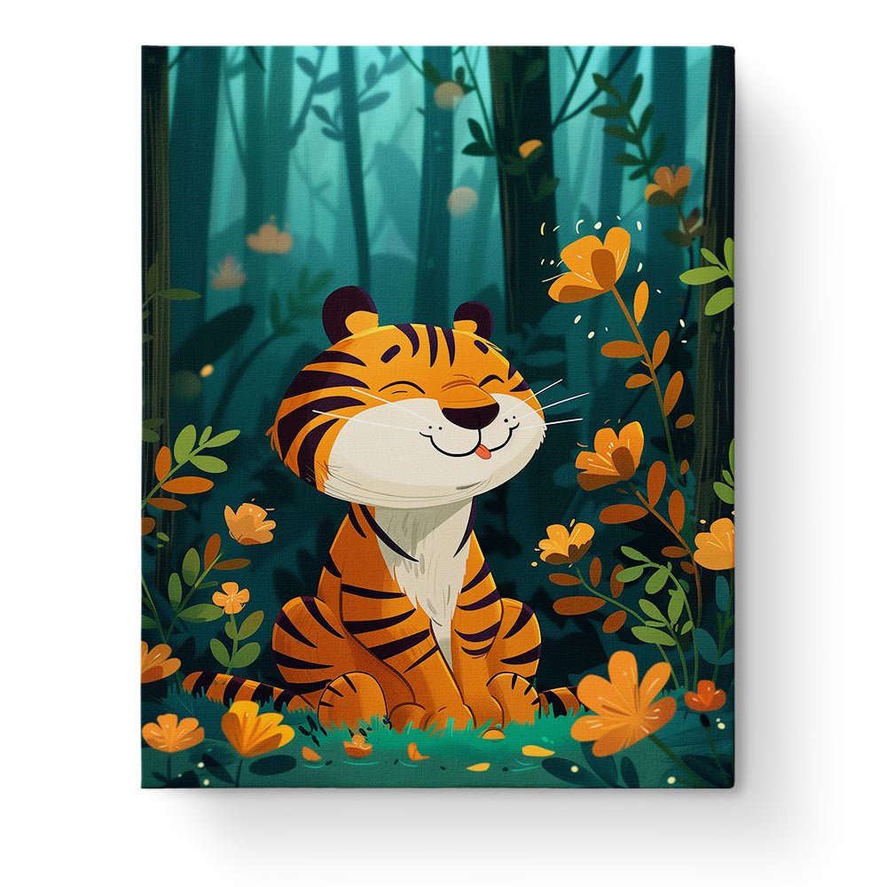 Fixed paint-by-number kit, 24 colors, 12x16in. Cheerful tiger in a jungle. Engaging and fun for kids.