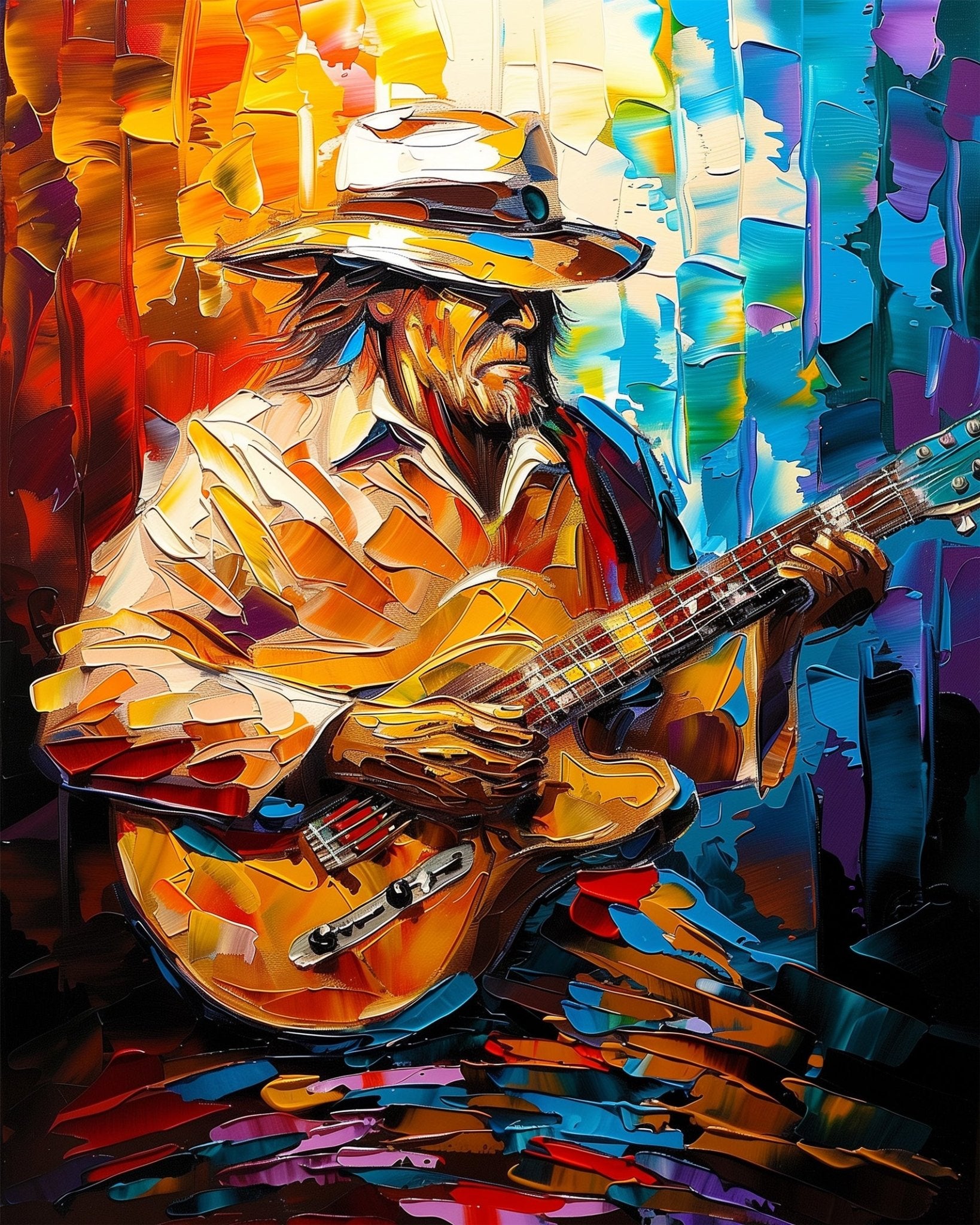 Fixed kit, 24 colors. Energetic guitarist art with vibrant hues. Enjoy a mindful painting journey.