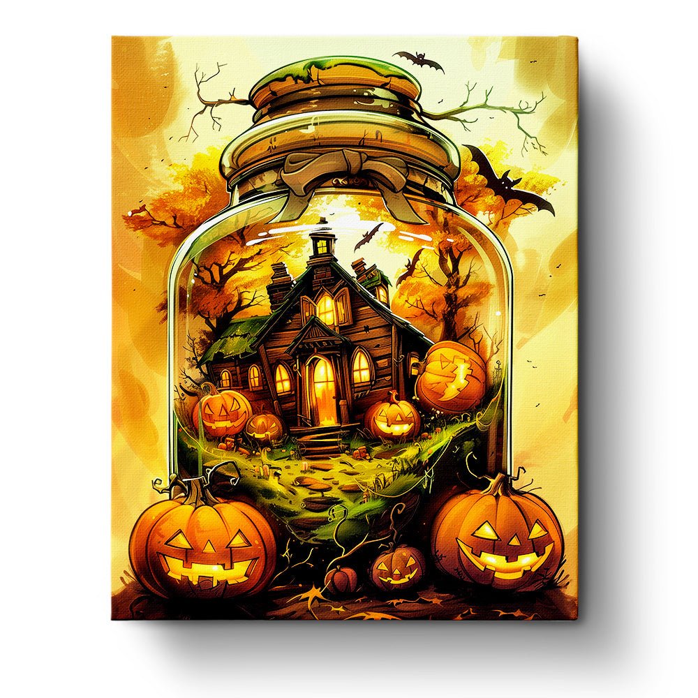 Fixed paint by numbers kit, 24 colors. Haunted house with pumpkins. Enjoy a mindful and relaxing painting task.