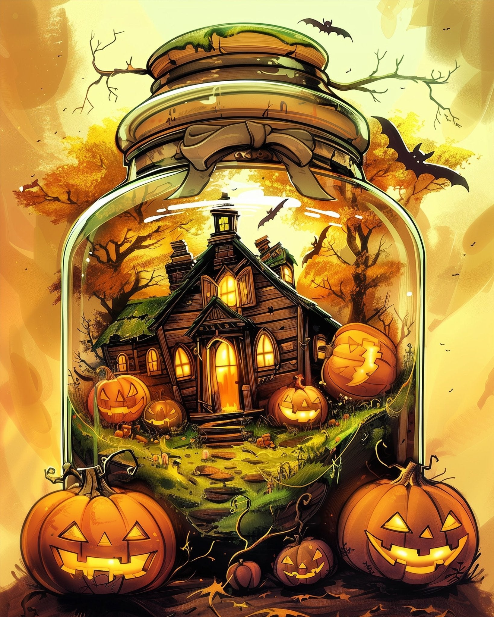 Fixed kit, 24 colors, 16x20 inches. Spooky pumpkins and house in a jar. Great for a calm, creative Halloween fun.