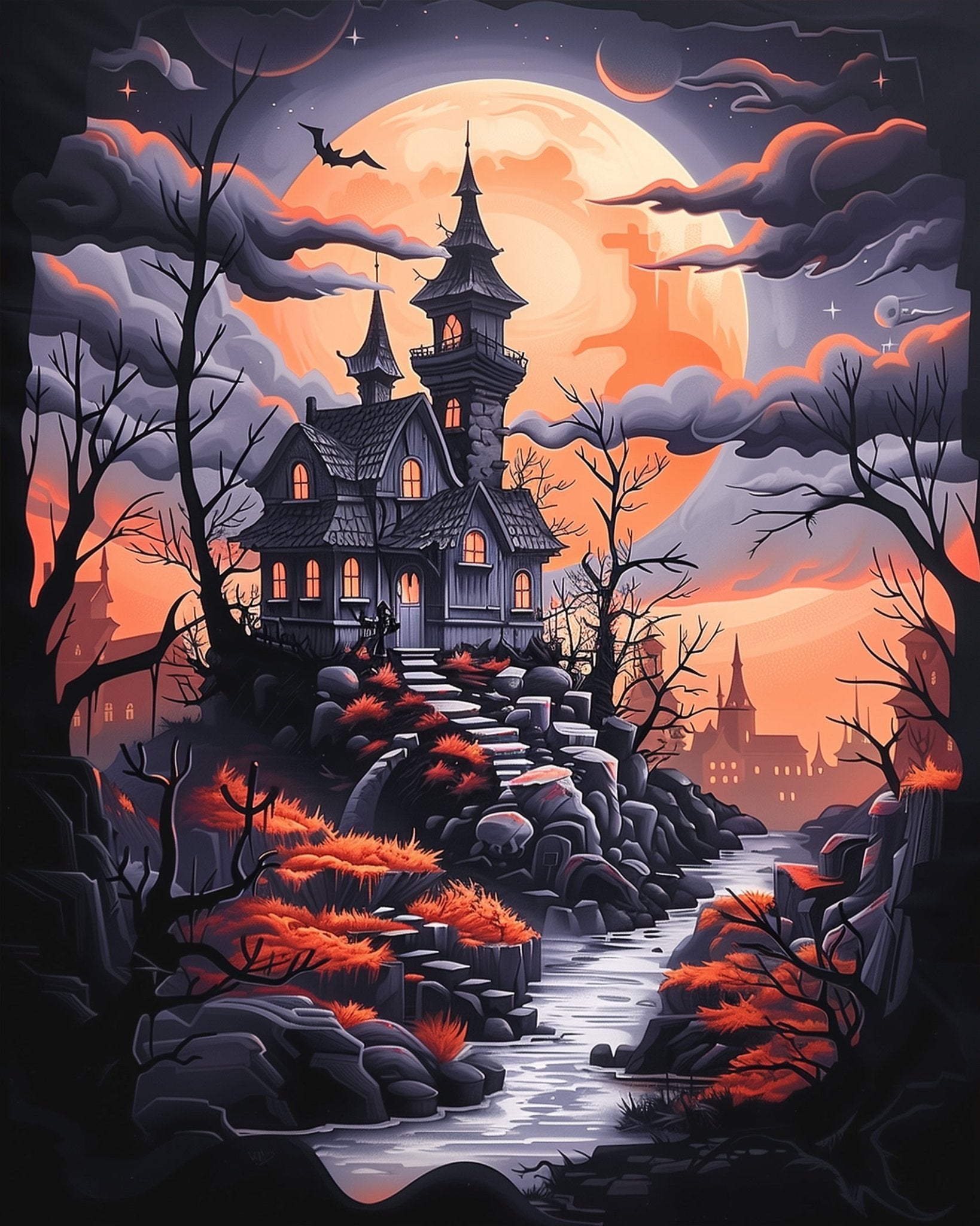 Fixed kit, 24 colors, 12x16in. Haunted house under full moon. Perfect for stress relief and Halloween fun.