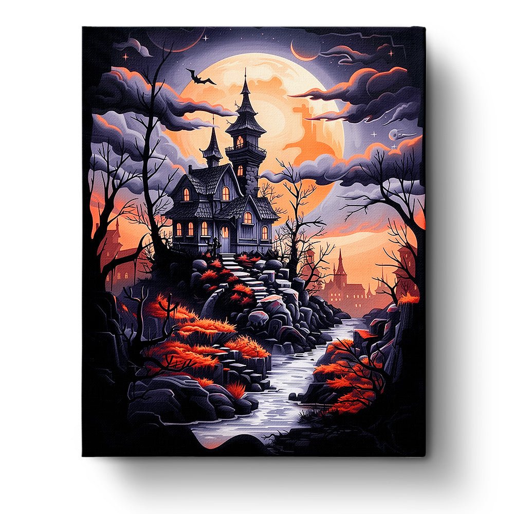 Fixed paint by numbers kit, 24 colors, 16x20in. Spooky mansion scene, vibrant colors. Relaxing Halloween activity.