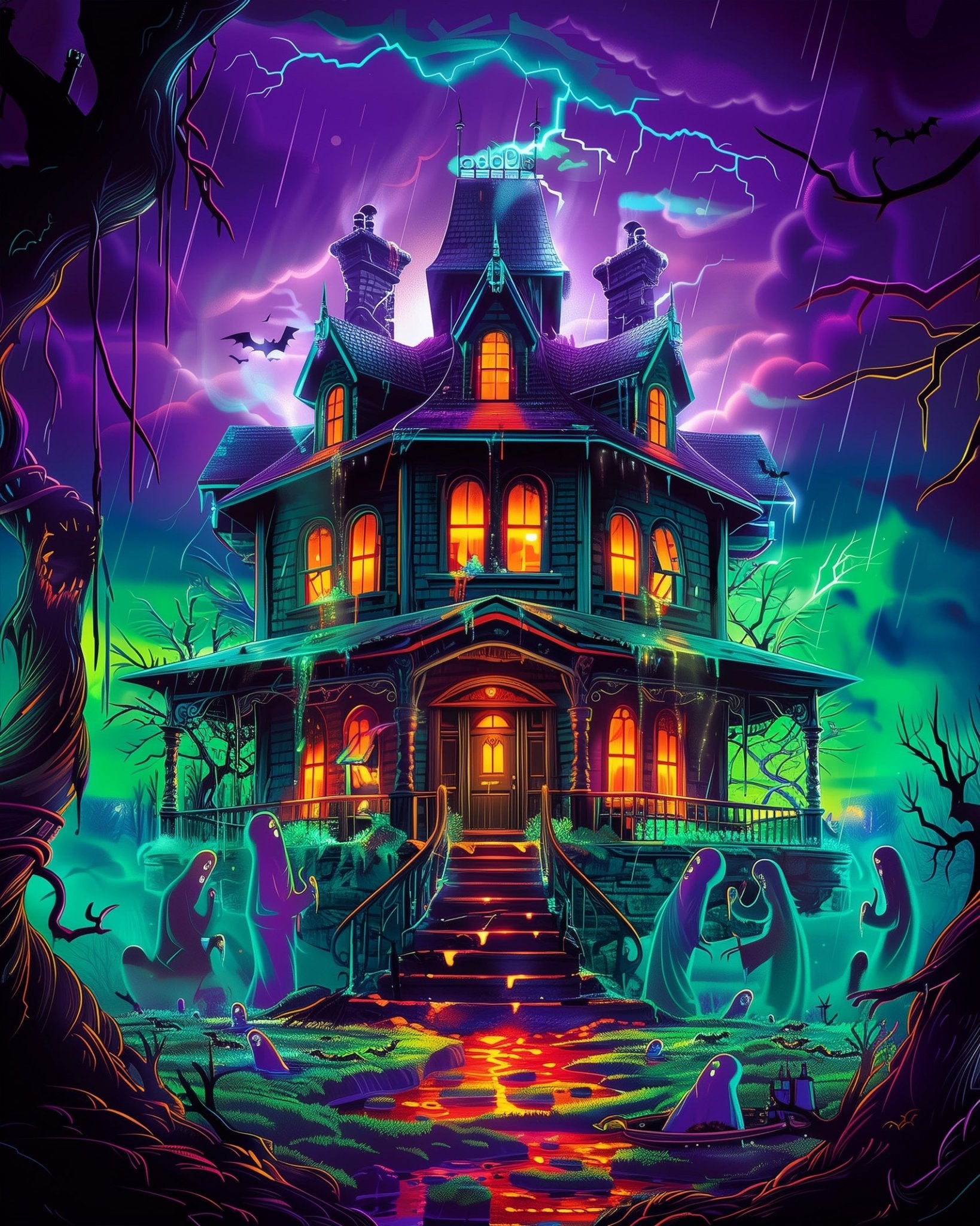 Fixed kit, 24 colors, 12x16in. Spooky haunted house with bold neon accents. A mindful painting escape for Halloween lovers.