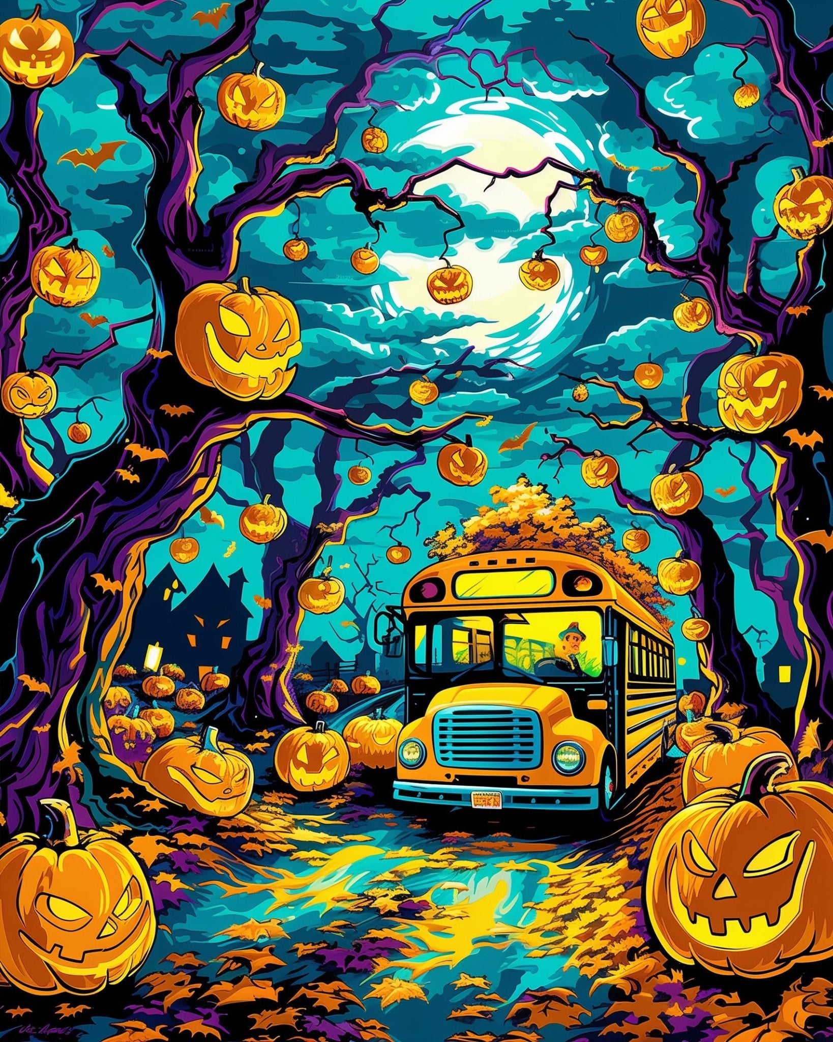 Fixed kit 24 colors, 16x20in. Halloween theme with pumpkins and eerie bus. Perfect for mindful painting.