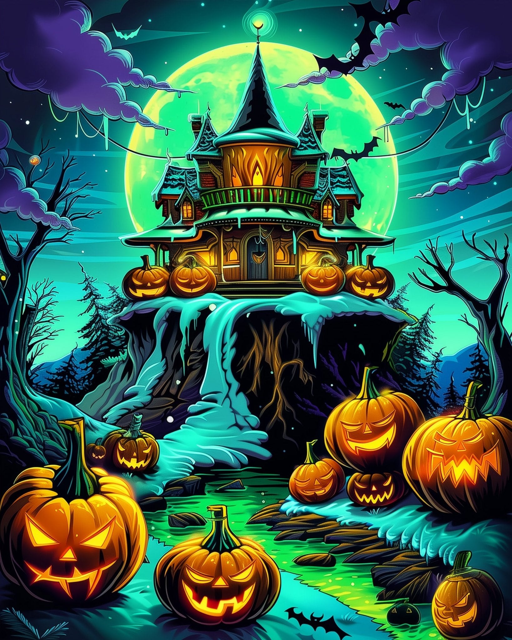 Fixed paint by numbers kit, 24 colors, 12x16in. Spooky pumpkin scene offers relaxation and creativity.