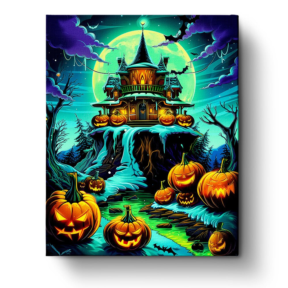 Fixed kit, 24 colors, 16x20in. Haunted mansion with pumpkins. Mindful painting for Halloween fun.