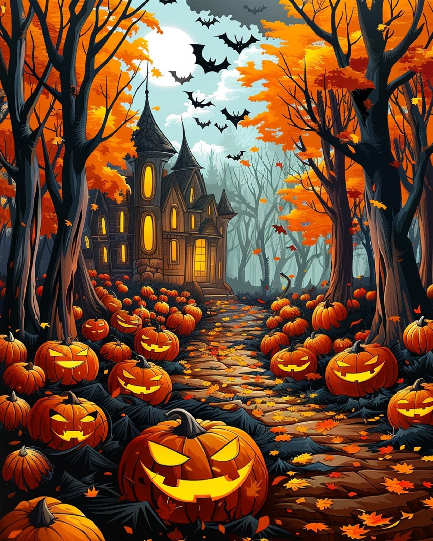 Fixed kit, 24 colors, 16x20in. Enchanting haunted scene with pumpkins. Perfect for stress relief.