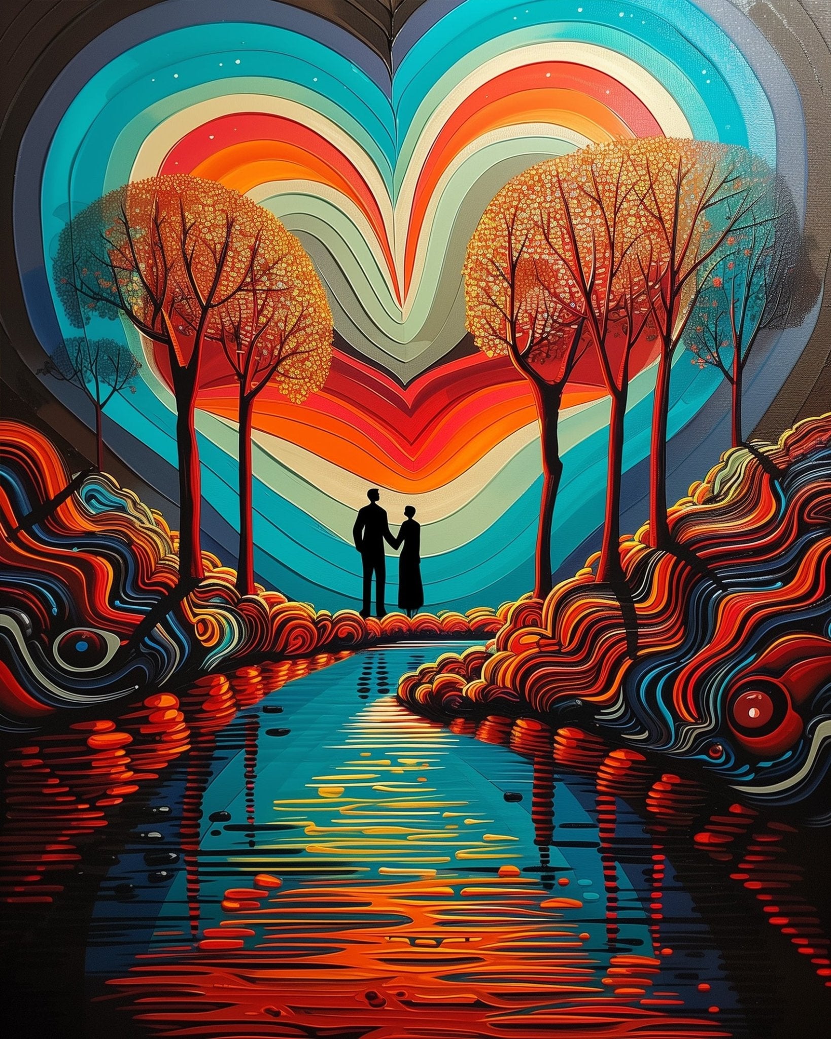 Fixed paint by numbers, 24 colors, 16x20in. Couple in a heart-themed landscape. Perfect for stress relief and creativity.