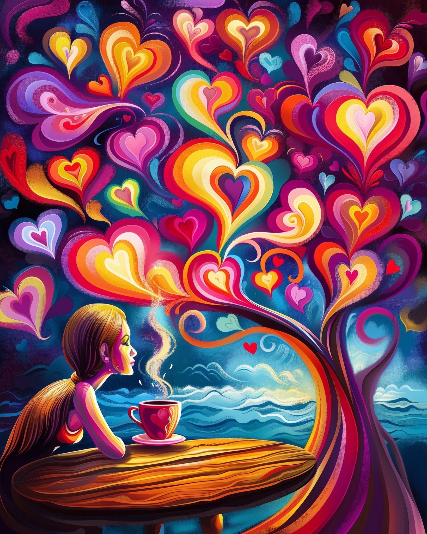 Fixed kit, 24 colors, 12x16in. Girl with coffee amidst colorful hearts. A calming artistic escape with BestPaintByNumbers.