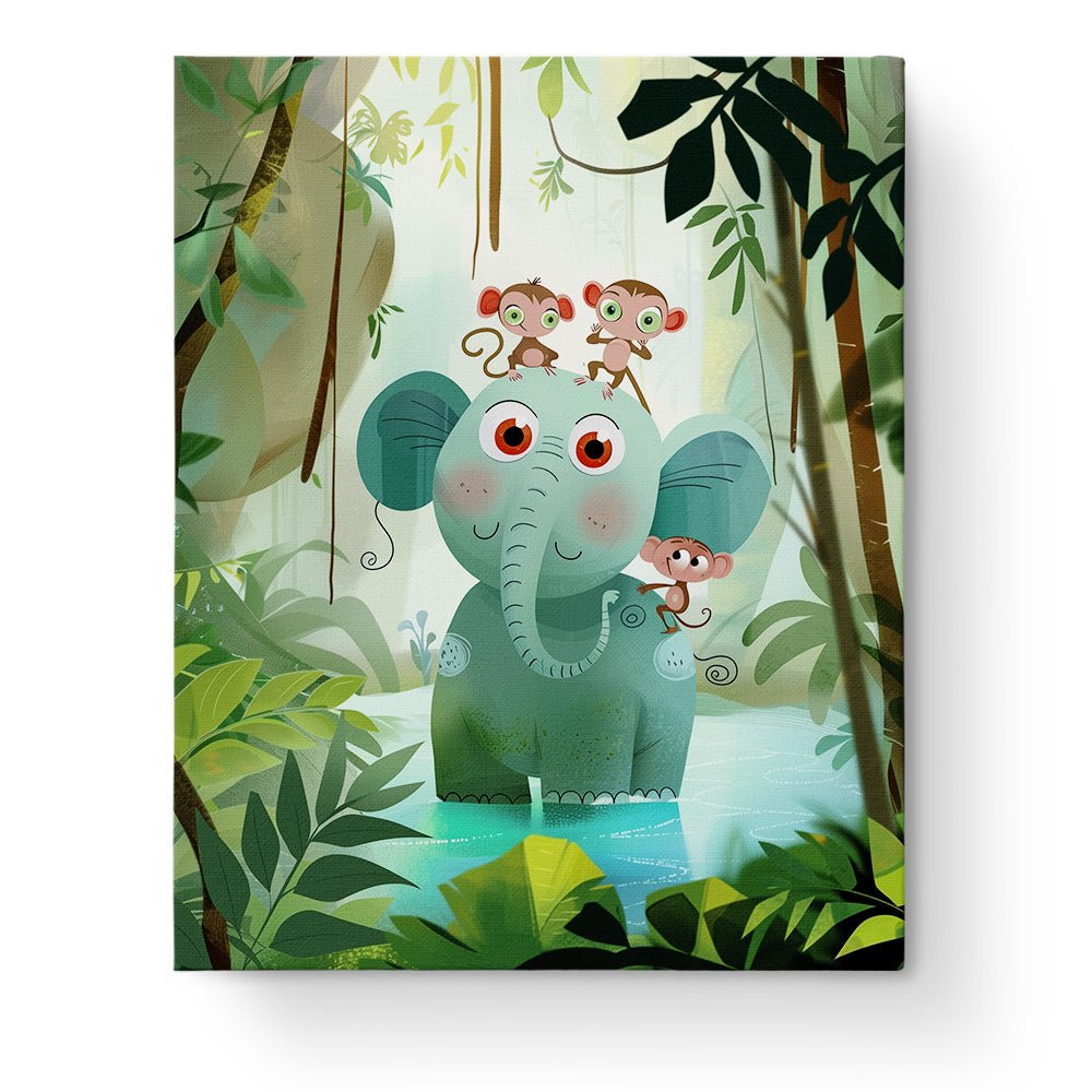 Fixed paint by numbers kit, 24 colors, 16x20in. Cute elephant and monkeys in jungle. A calming, fun activity for kids.