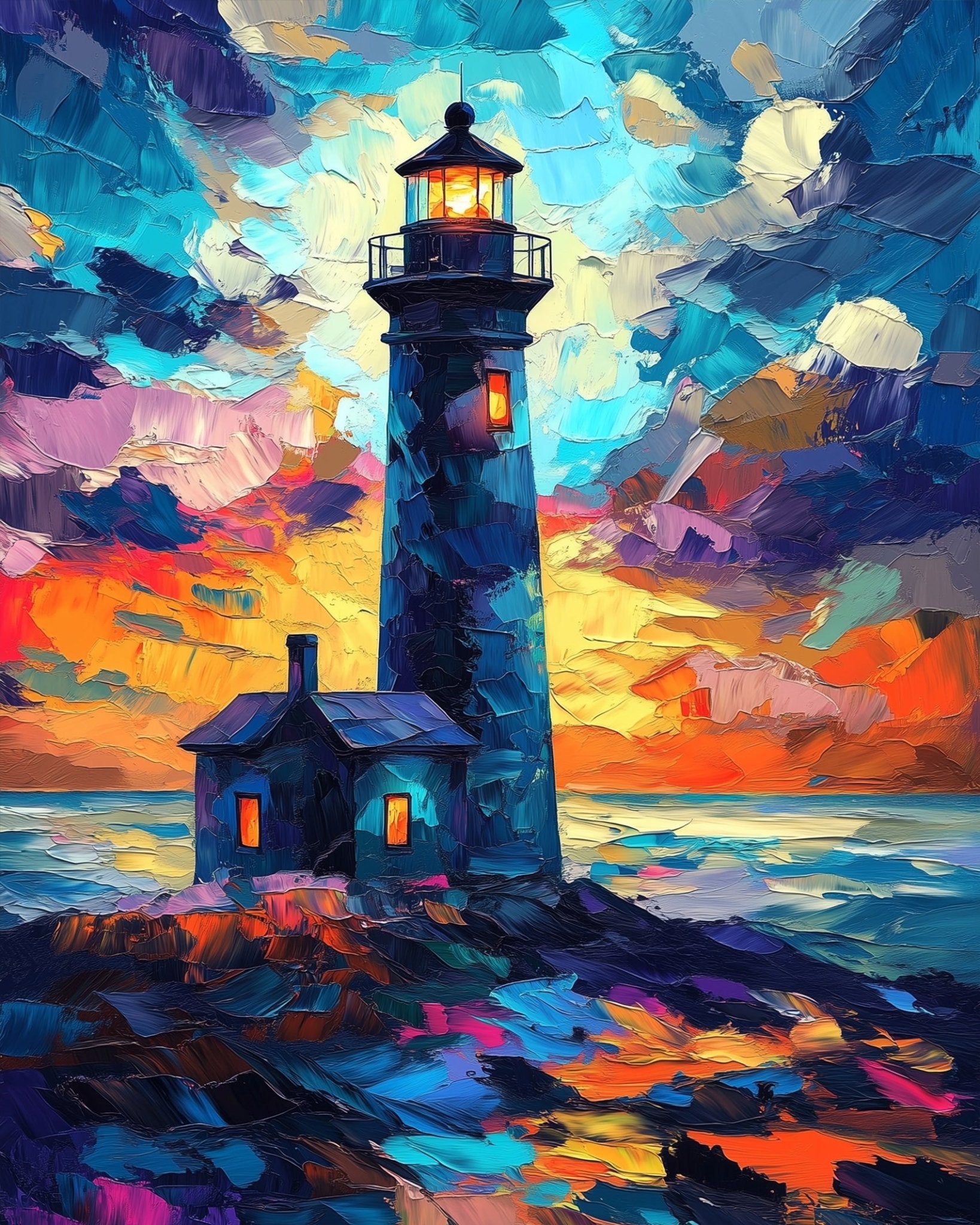 Lighthouse at Sunset - Impressionist - BestPaintByNumbers - Paint by Numbers Custom Kit