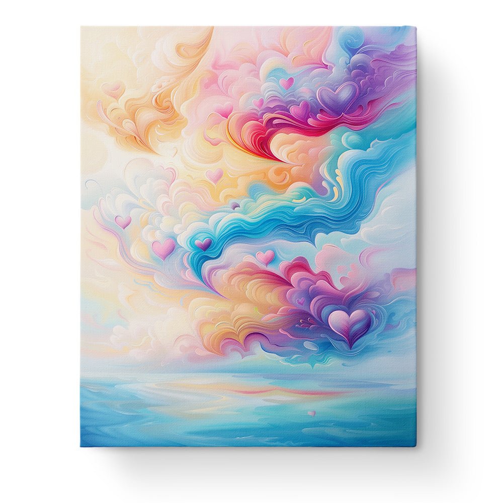 Fixed paint by numbers kit, 24 colors, vibrant heart clouds. Relax and paint the sky's wonders. BestPaintByNumbers.