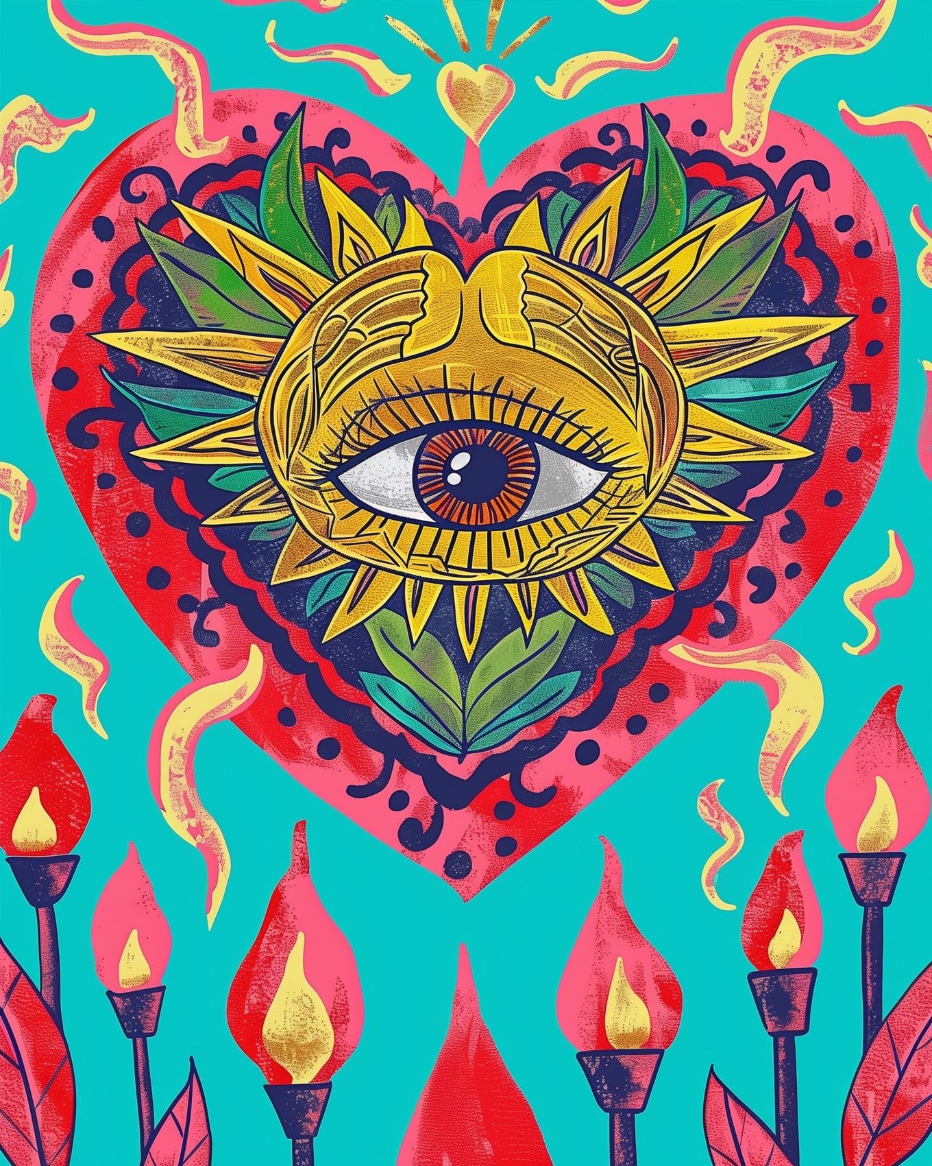 Fixed kit, 24 colors, 12x16in. Eye-catching Mexican heart art with intricate patterns. Ideal for relaxation.