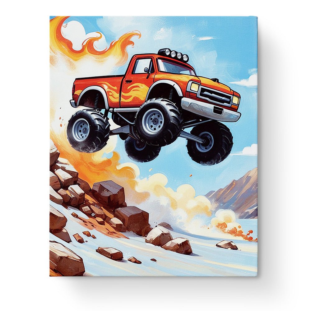 Fixed paint by numbers, 24 colors, 16x20in. Monster truck leaping over rocks. Kids' thrilling paint experience.