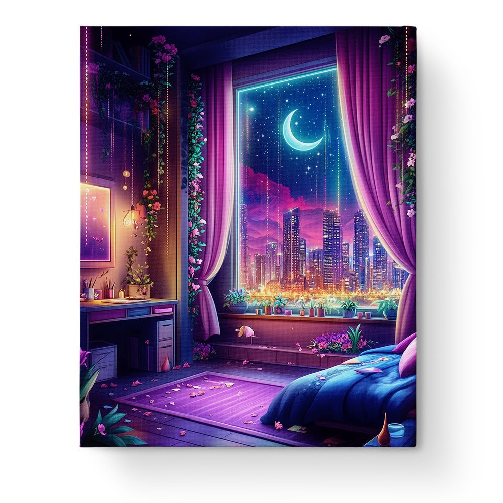 Moonlit Cityscape Retreat - Lo - Fi - BestPaintByNumbers - Paint by Numbers Custom Kit