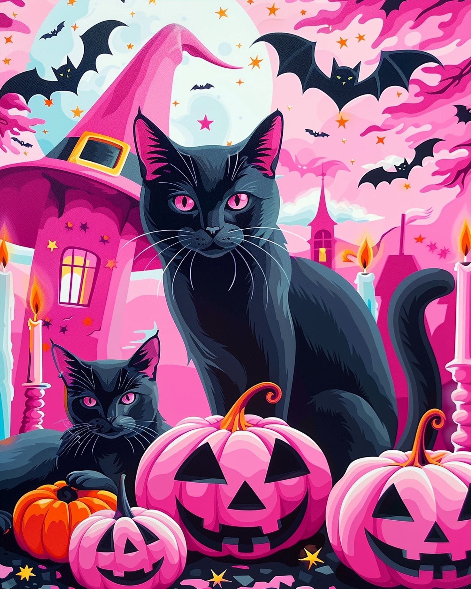 Fixed kit, 24 colors, 12x16in. Spooky scene with cats and pumpkins. Ideal for stress relief and festive painting fun.