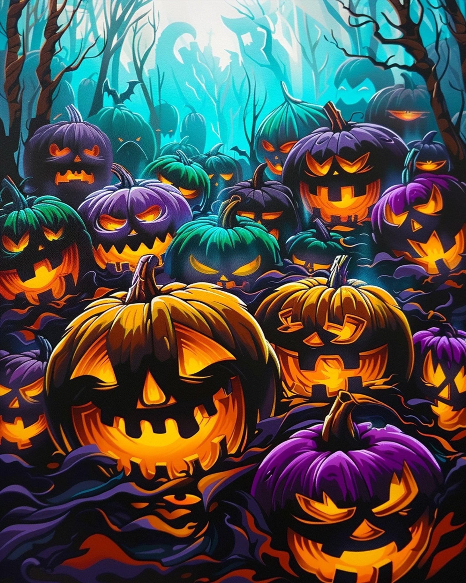 Fixed kit, 24 colors, 12x16in. Spooky pumpkins with eerie expressions for a mindful painting experience.