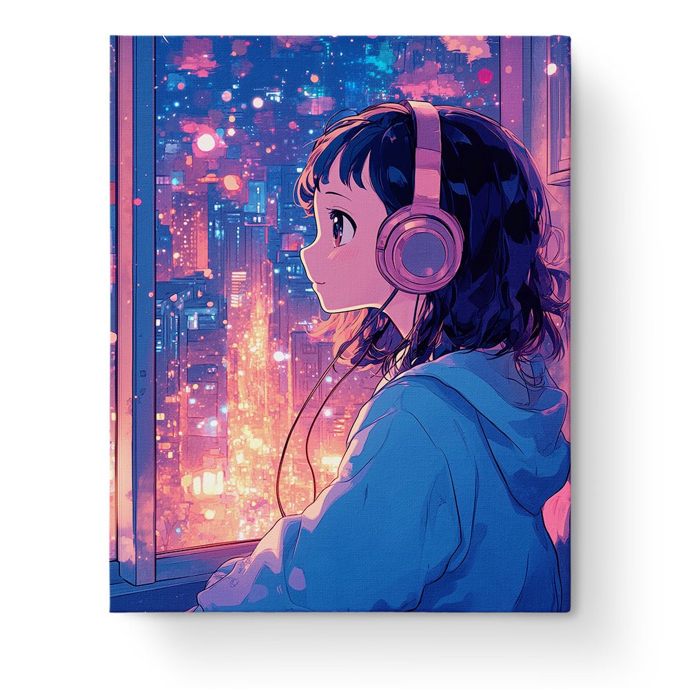 Nighttime Cityscape with Headphones - Lo - Fi - BestPaintByNumbers - Paint by Numbers Custom Kit