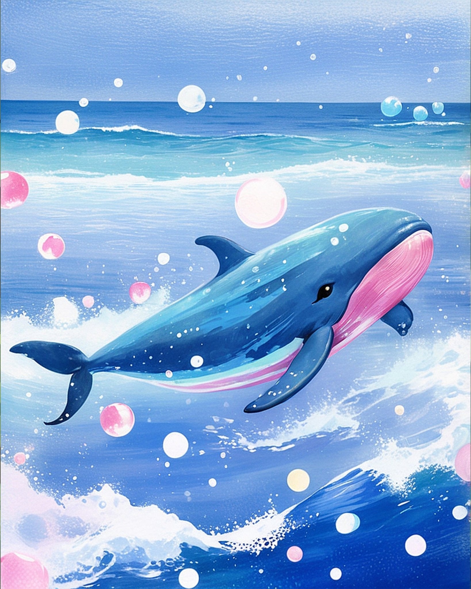 Fixed kit, 24 colors, 16x20in. Playful whale in a serene sea. Ideal for mindfulness and creativity for kids.