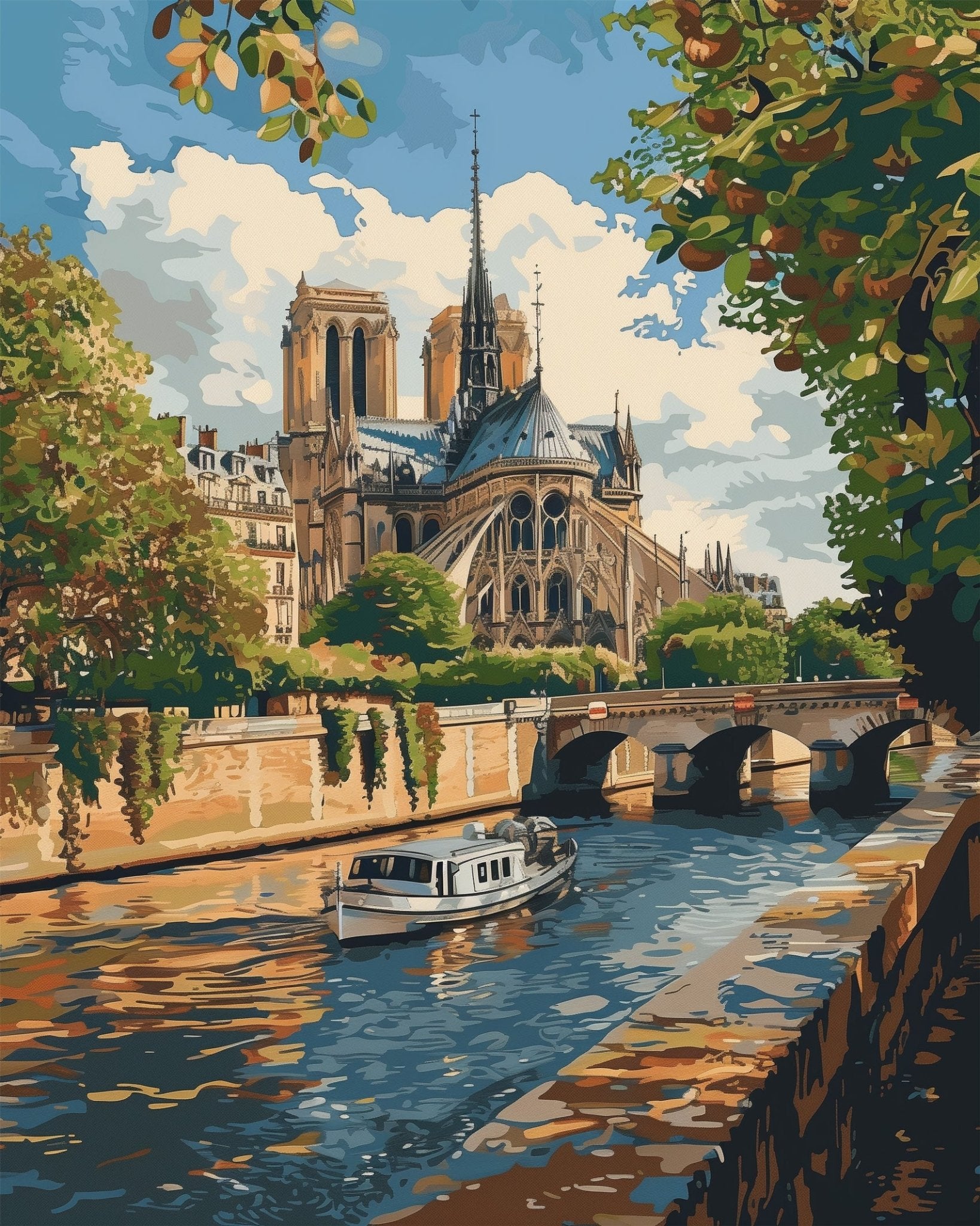 Fixed kit, 24 colors, 16x20in. Scenic view of Notre Dame along the river. Ideal for stress relief and artistic joy.