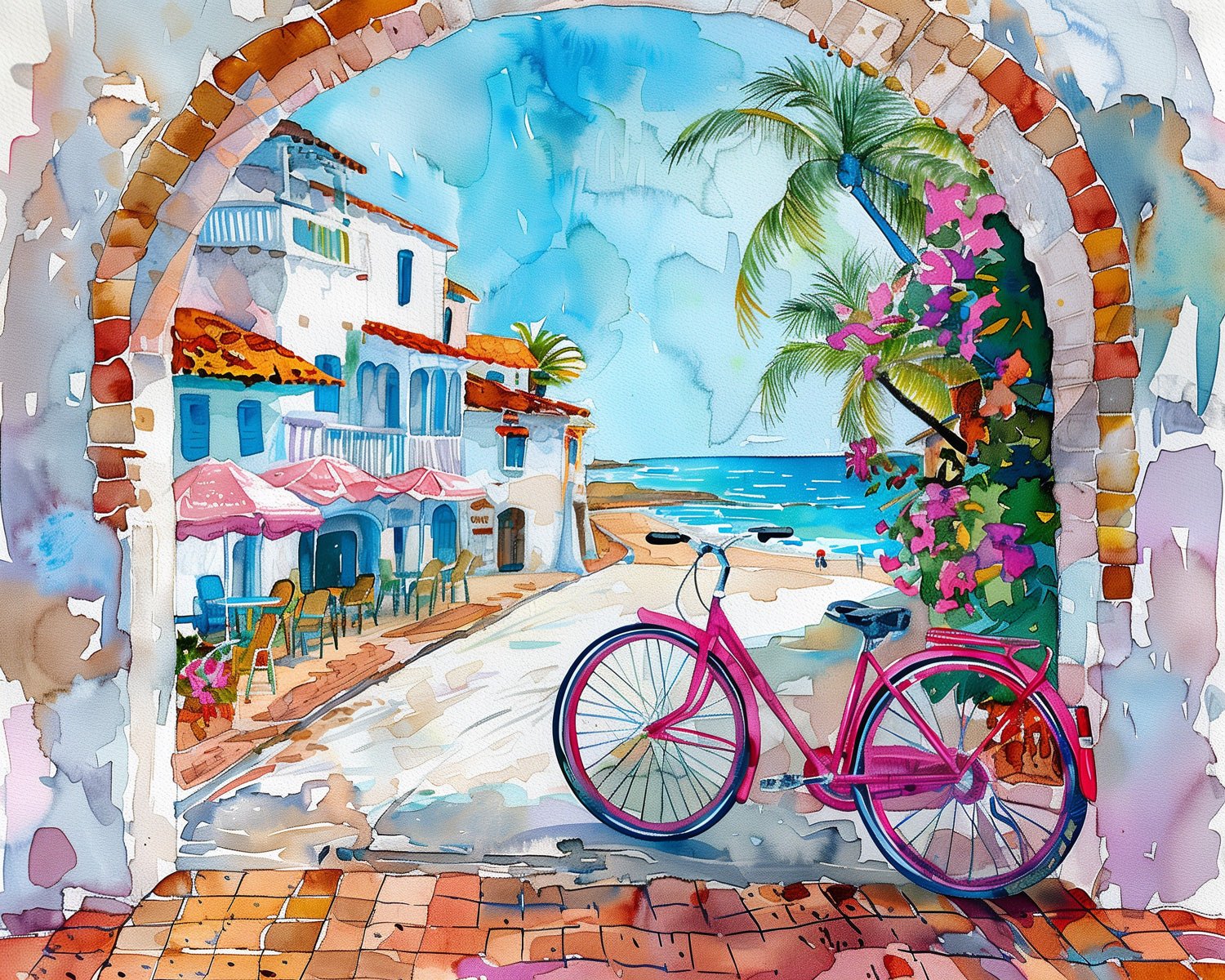 Fixed paint by numbers, 24 colors, 12x16in. Beach with bike. Ideal for relaxation and stress relief.