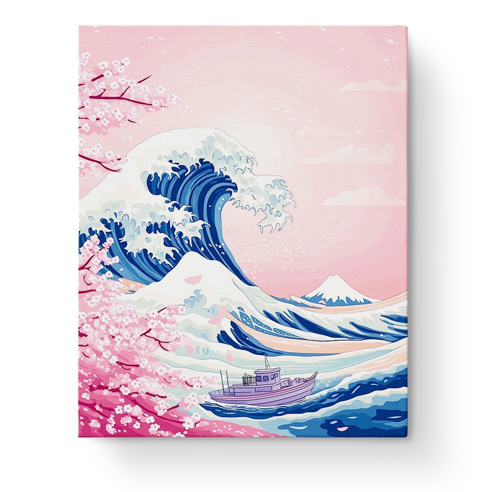 Pink Ocean Wave and Blossoms - Asian Art - BestPaintByNumbers - Paint by Numbers Custom Kit