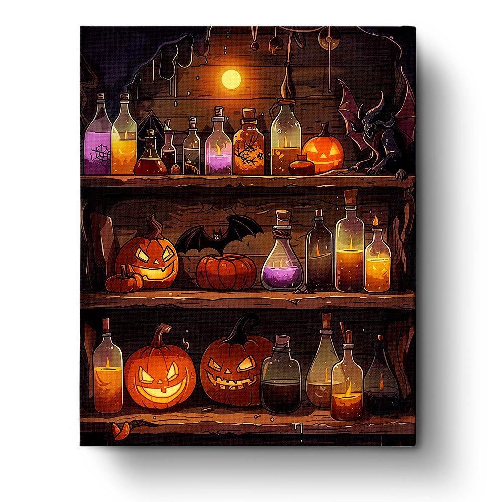 Fixed kit, 24 colors, detailed potion shelf with pumpkins. Engaging and relaxing painting activity.