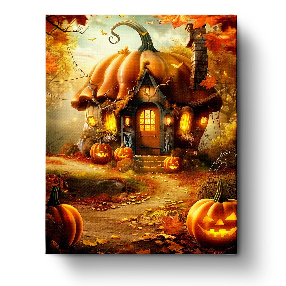 Fixed paint by numbers kit, 24 colors, 16x20in. Cozy pumpkin house with glowing details. Great for creative relaxation.