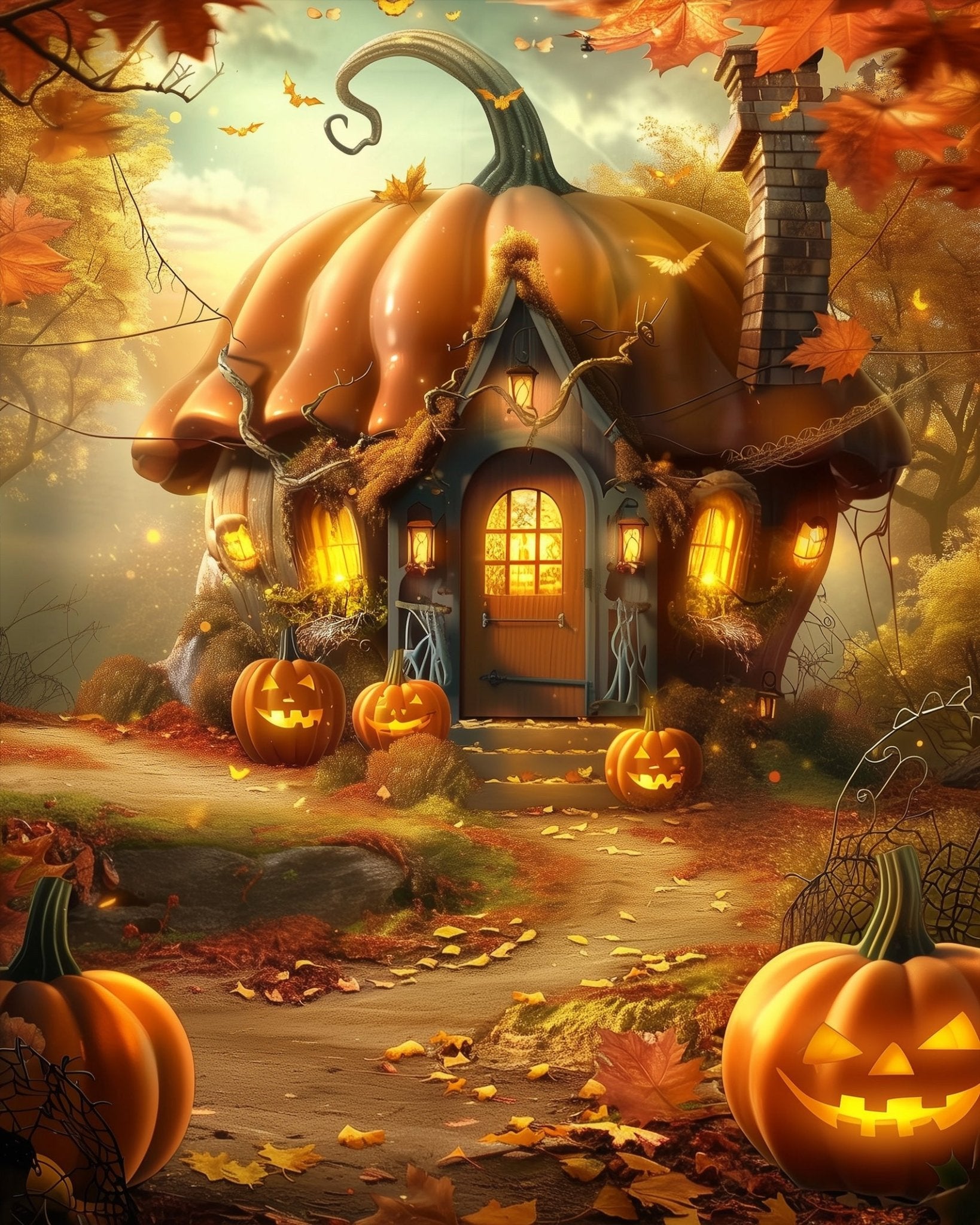 Fixed kit, 24 colors, 12x16in. Enchanting pumpkin cottage with intricate fall scene. Ideal for mindful art sessions.