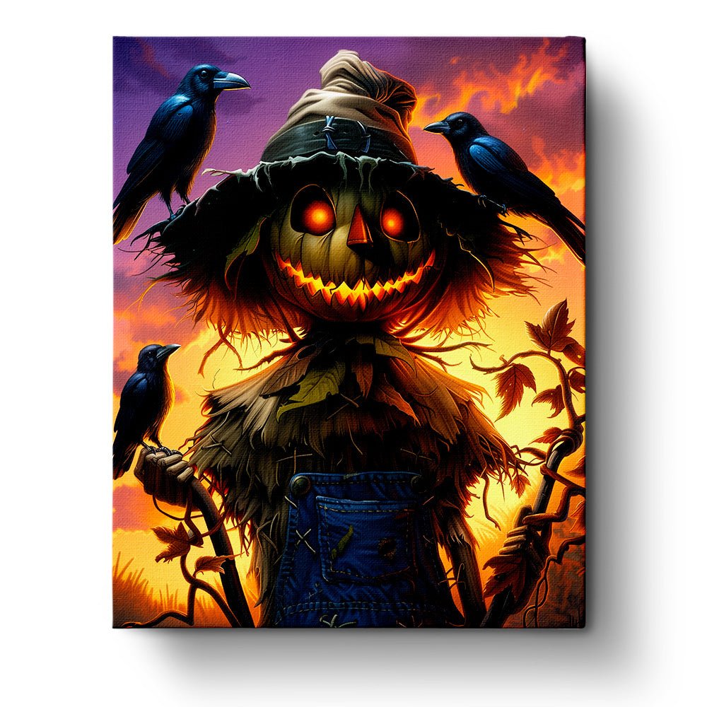 Fixed paint by numbers kit, scarecrow with crows, warm colors. Experience stress relief and Halloween fun.