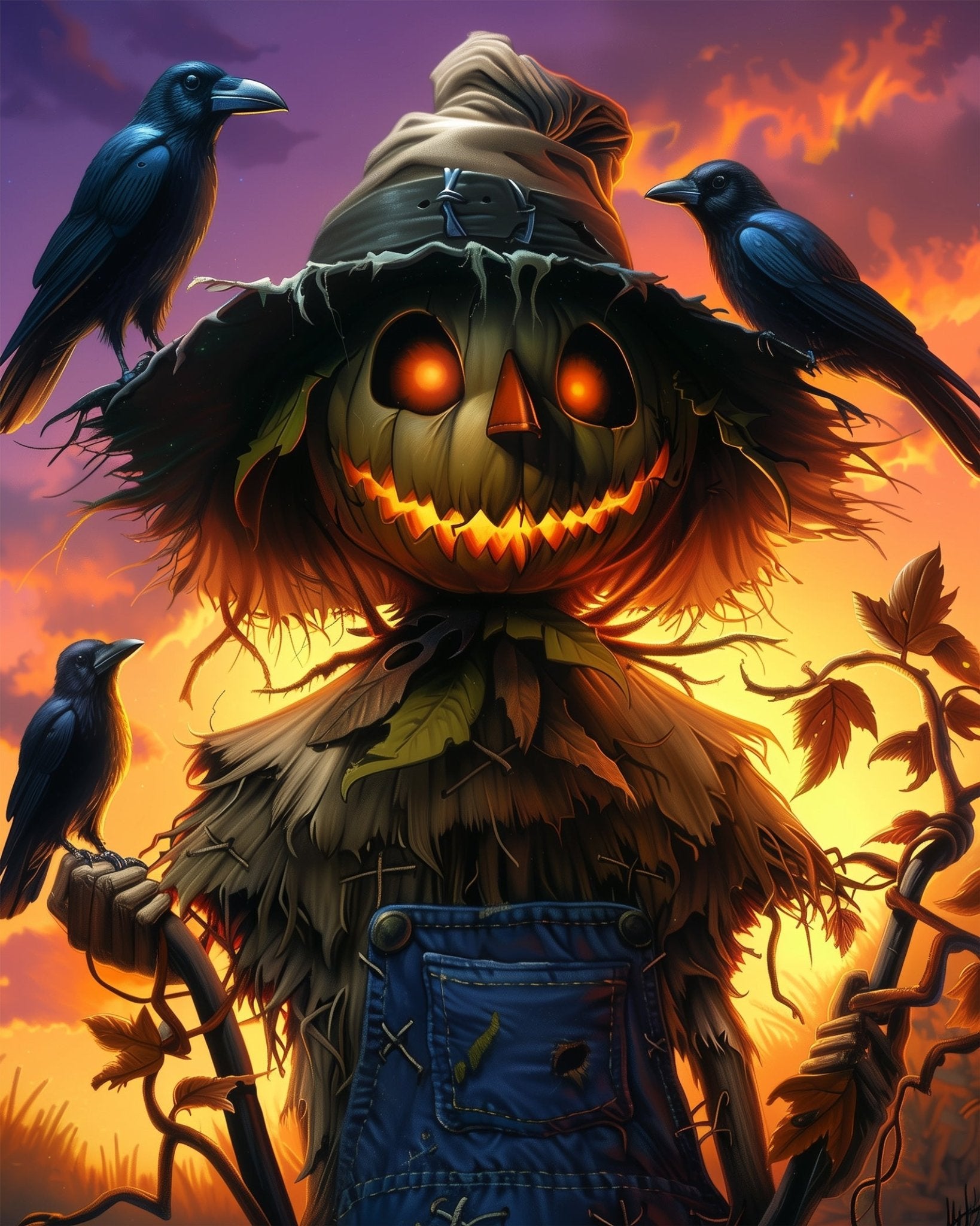 Paint by numbers kit with scarecrow and crows. Enjoy mindful painting and Halloween creativity with BestPaintByNumbers.