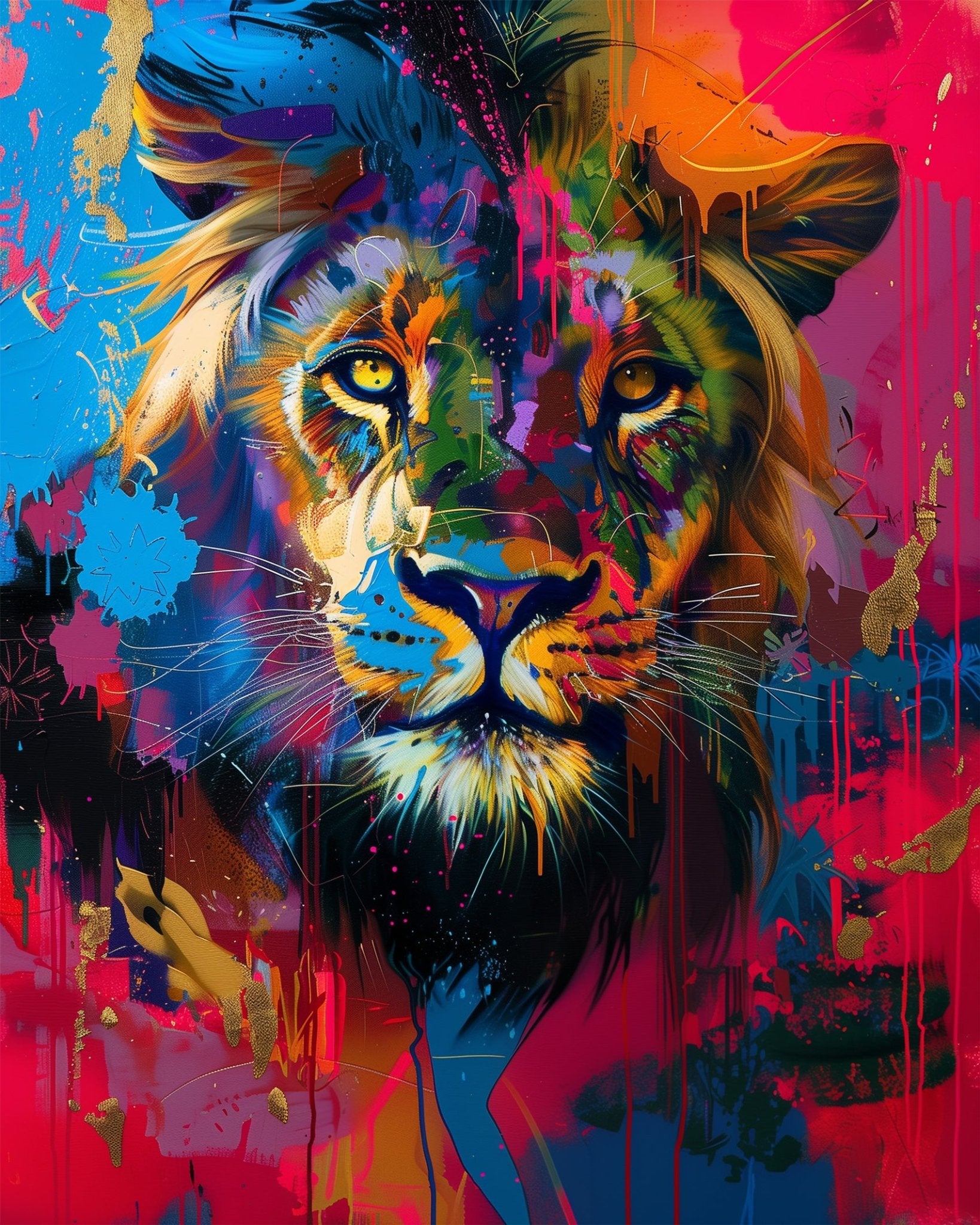 Vivid lion in vibrant colors. Fixed kit, 24 colors, 16x20in. Ideal for stress relief and creative expression.