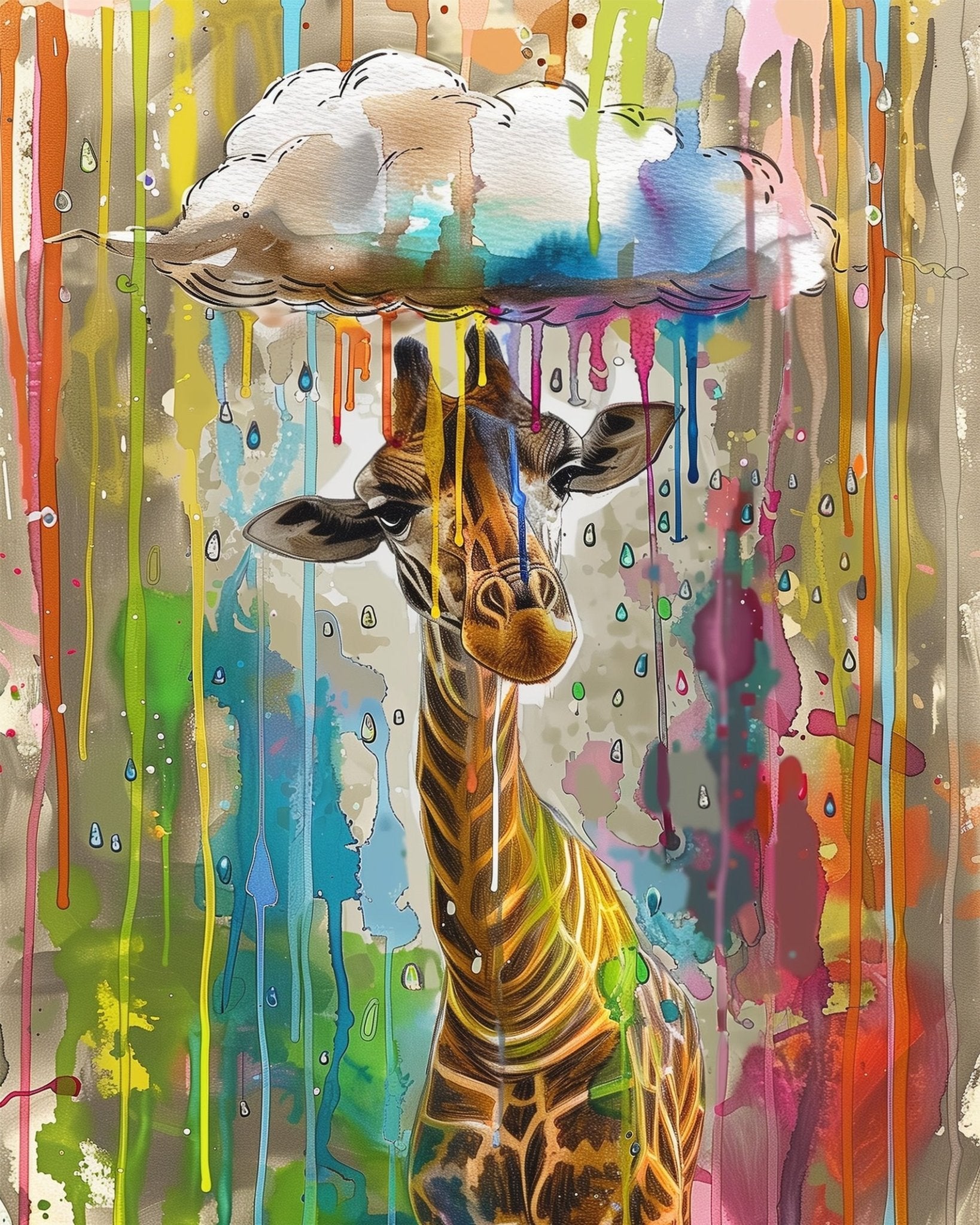 Fixed kit, 24 colors, 12x16in. Abstract giraffe with vibrant drips. Perfect for relaxing creativity and stress relief.