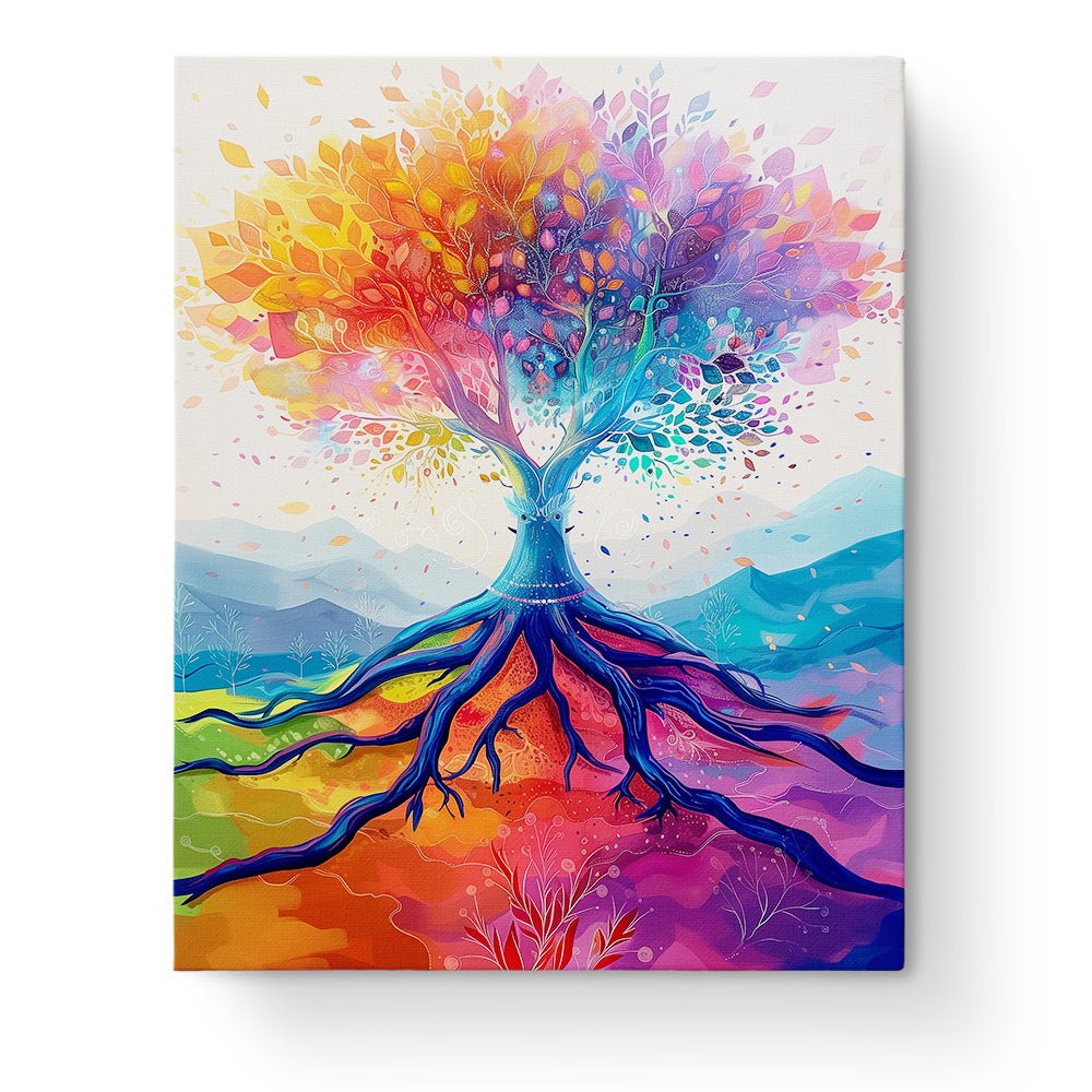 Fixed kit, 24 colors, 16x20in. Colorful tree with roots. Meditative art for relaxation. BestPaintByNumbers.