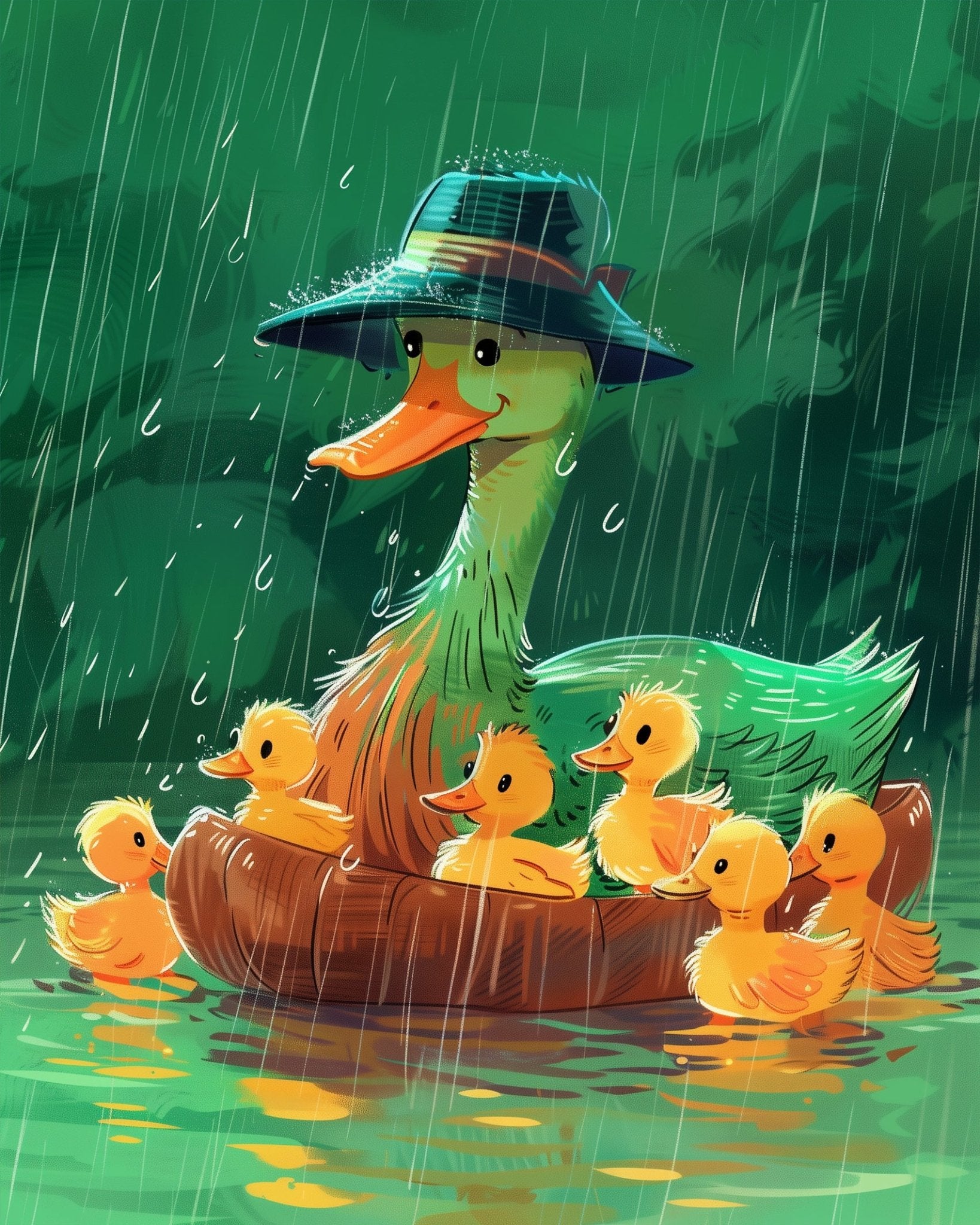 Fixed kit, 24 colors, 16x20in. Duck family in vibrant rain. Calm activity for children. BestPaintByNumbers.