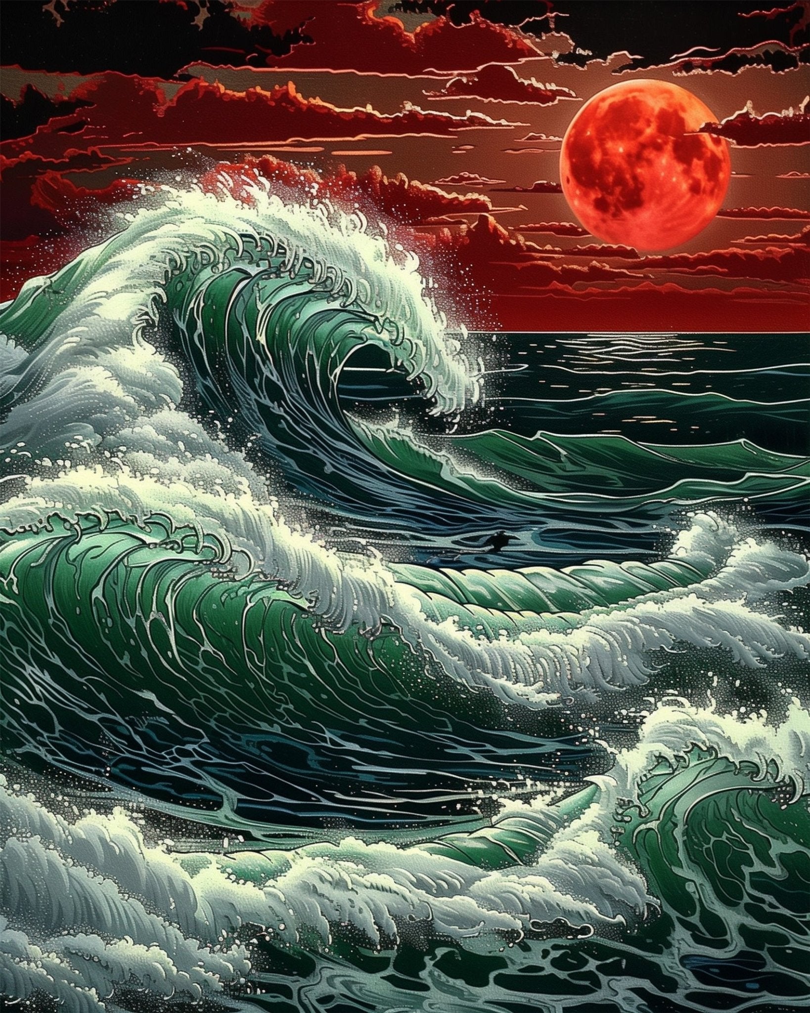 Red Moon Wave - Sea Landscape - BestPaintByNumbers - Paint by Numbers Custom Kit