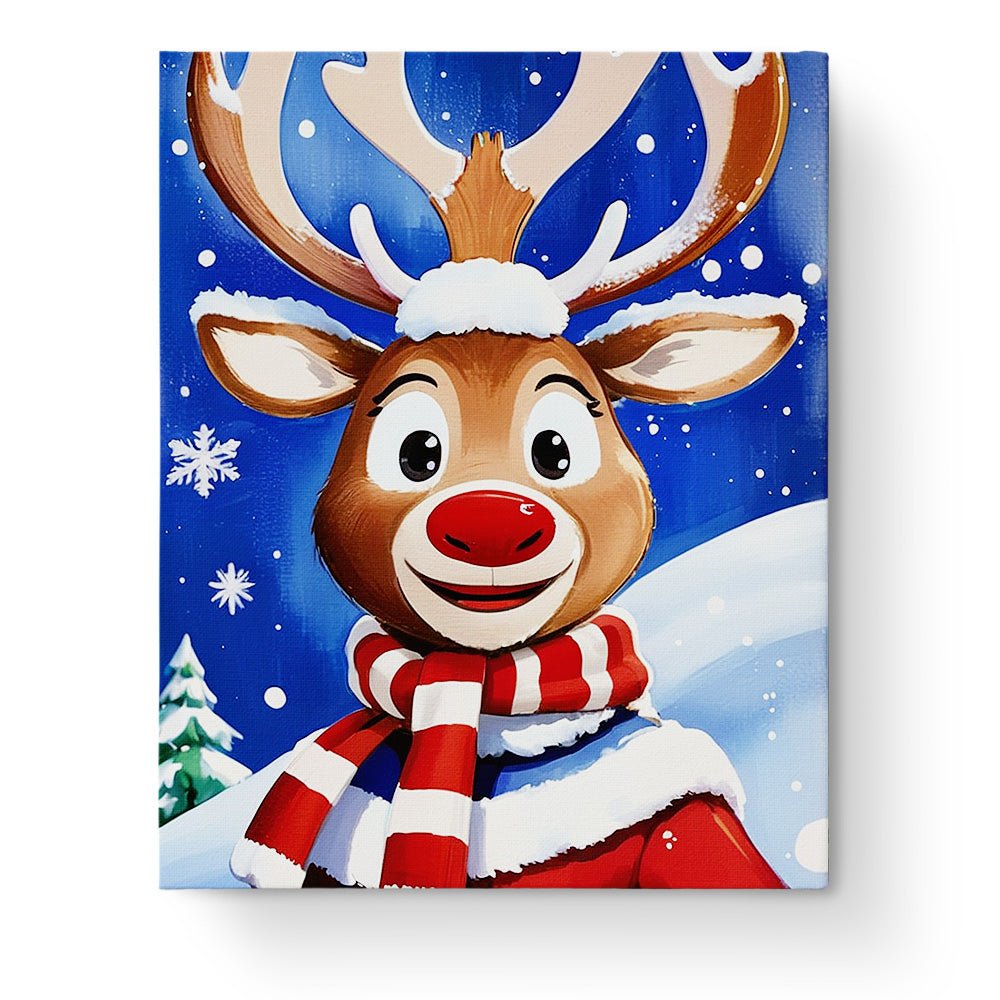 Fixed paint by numbers kit, 24 colors, 16x20in. Cheerful reindeer in vibrant holiday setting. Great for kids' creativity.