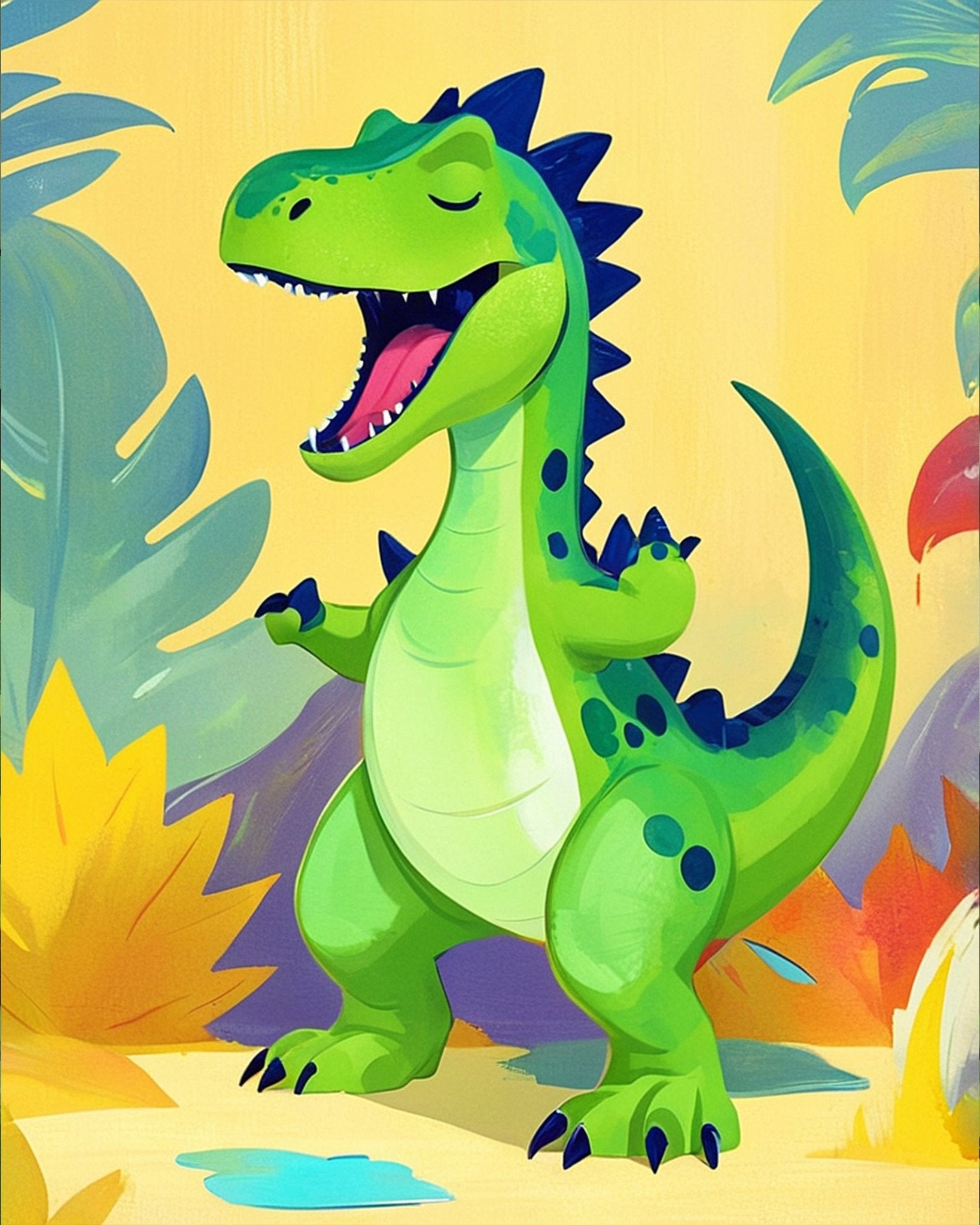 Fixed kit, 24 colors, 12x16in. Cheerful T-Rex adventure. Excellent for mindfulness and child relaxation.