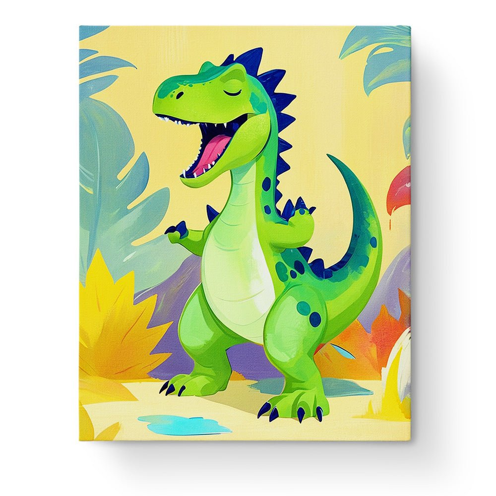 Fixed paint by numbers kit, 24 colors, 16x20in. Happy T-Rex in a jungle. Engages creativity, fun for kids.