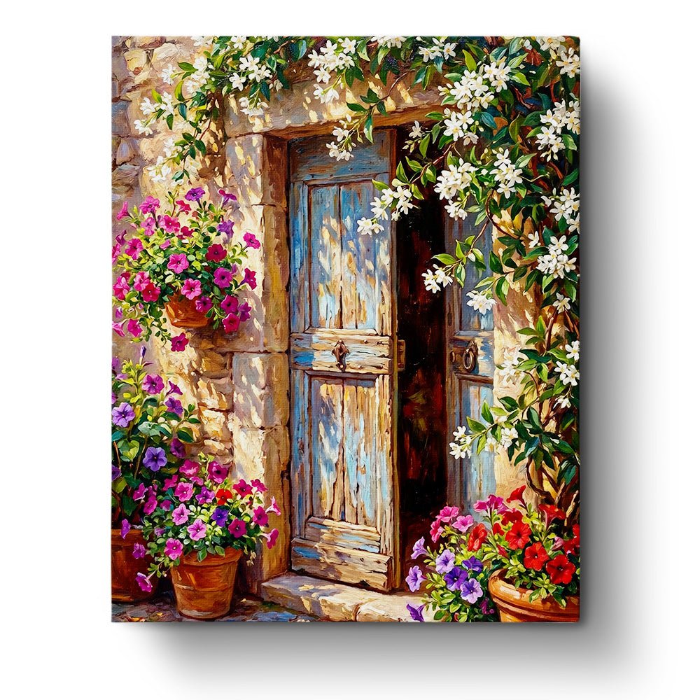 Rustic Cottage Door with Flowers - Places - BestPaintByNumbers - Paint by Numbers Custom Kit